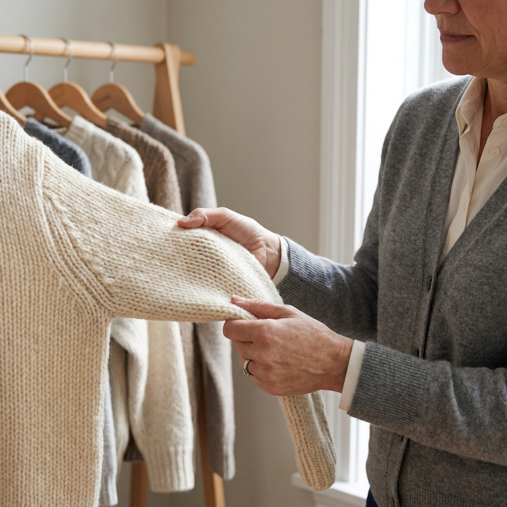 A person’s hands gently stretching a knit sweater fabric in natural light to check thickness and texture, with a clothing rack behind them