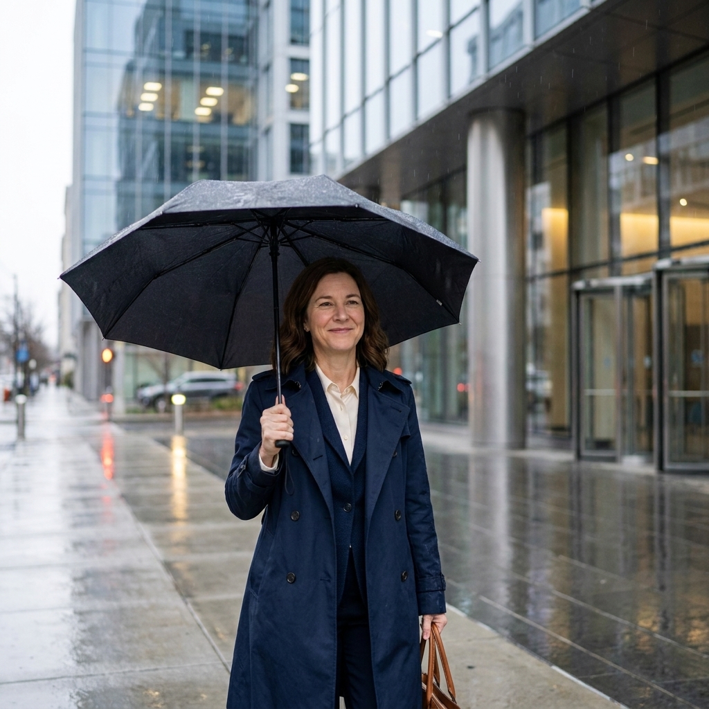 A professional dressed person wearing a navy trench coat over office attire, holding a black umbrella while walking past modern office buildings on a rainy morning