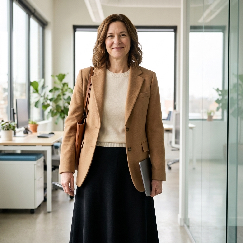 A professional wearing a black midi skirt with a cream knit top and a camel blazer in a modern office setting.