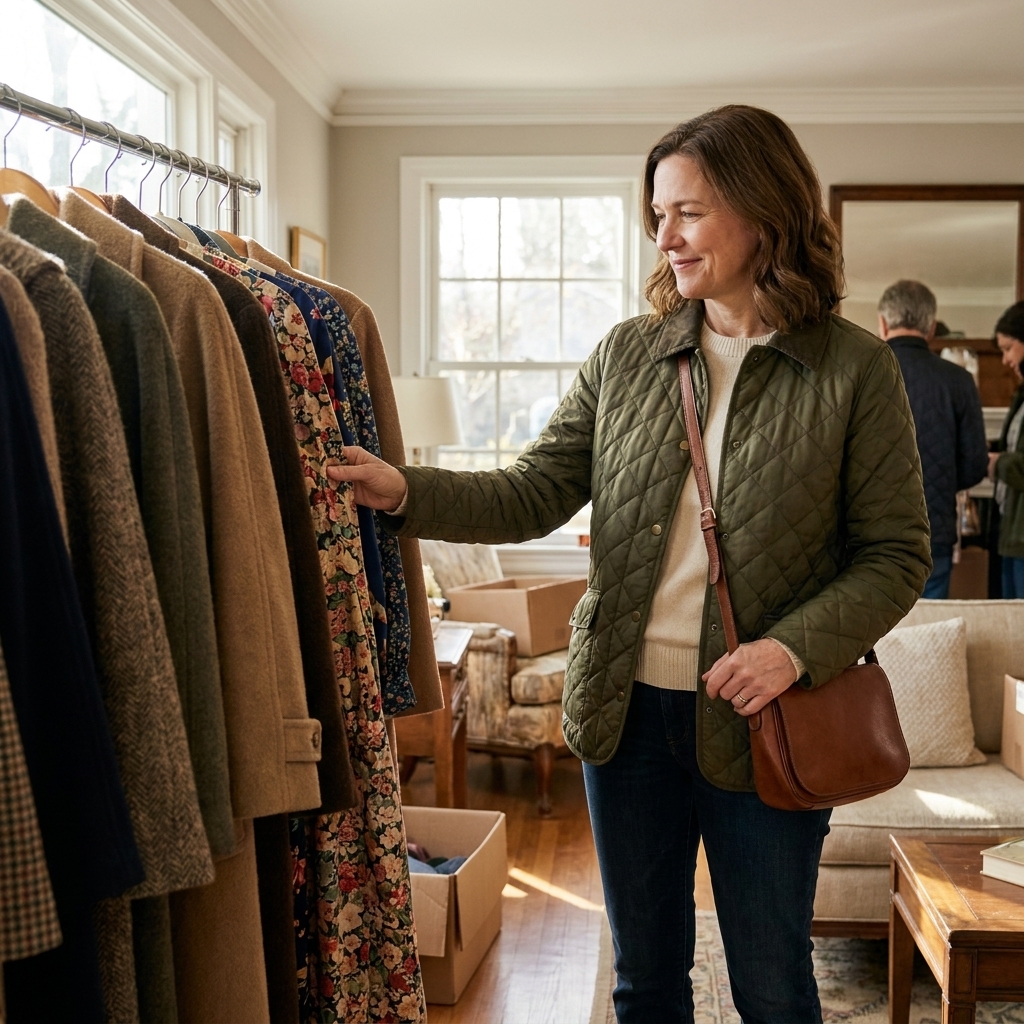 A rack of vintage coats and dresses at a neighborhood estate sale in a sunlit living room