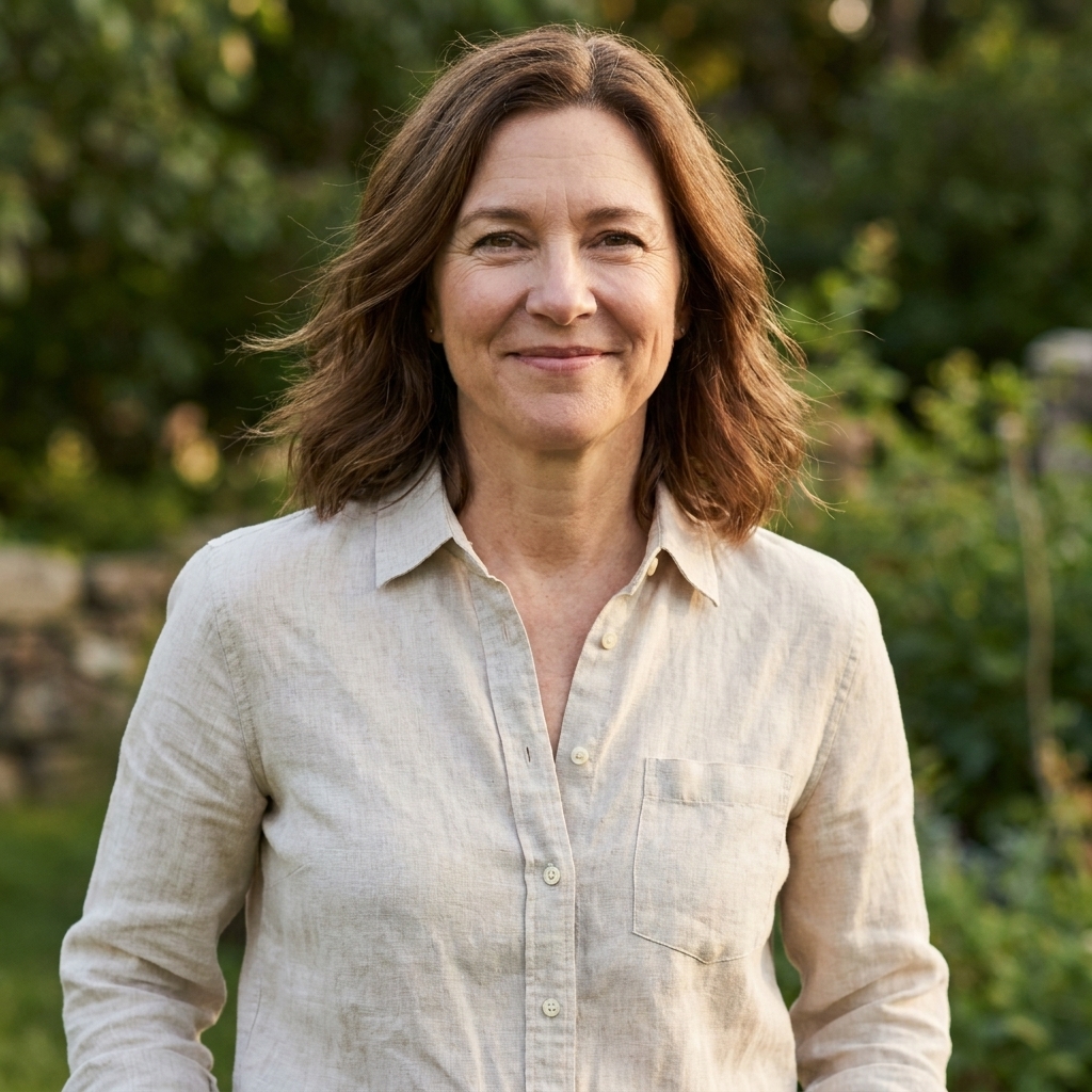 A real photograph of a person wearing a crisp oatmeal-colored linen button-down shirt outdoors in soft natural light