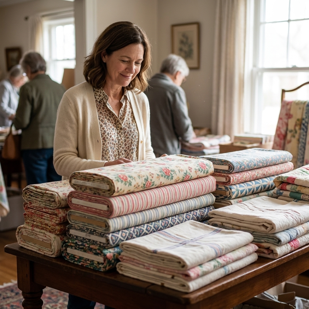 A real photograph of neatly stacked vintage fabric bolts and folded textiles on a table at an estate sale in a softly lit room