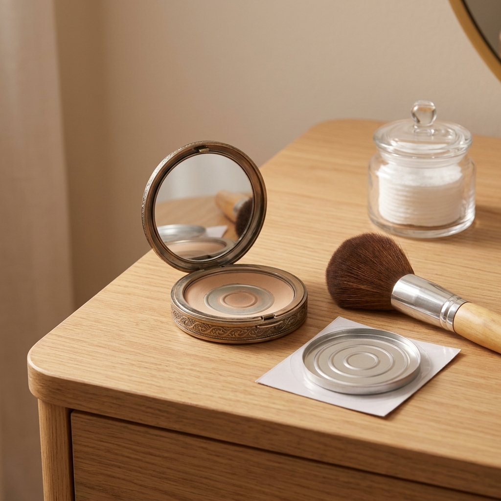A refillable powder compact sitting open on a vanity with a replacement pan nearby, next to a makeup brush and a small glass jar, soft indoor lighting