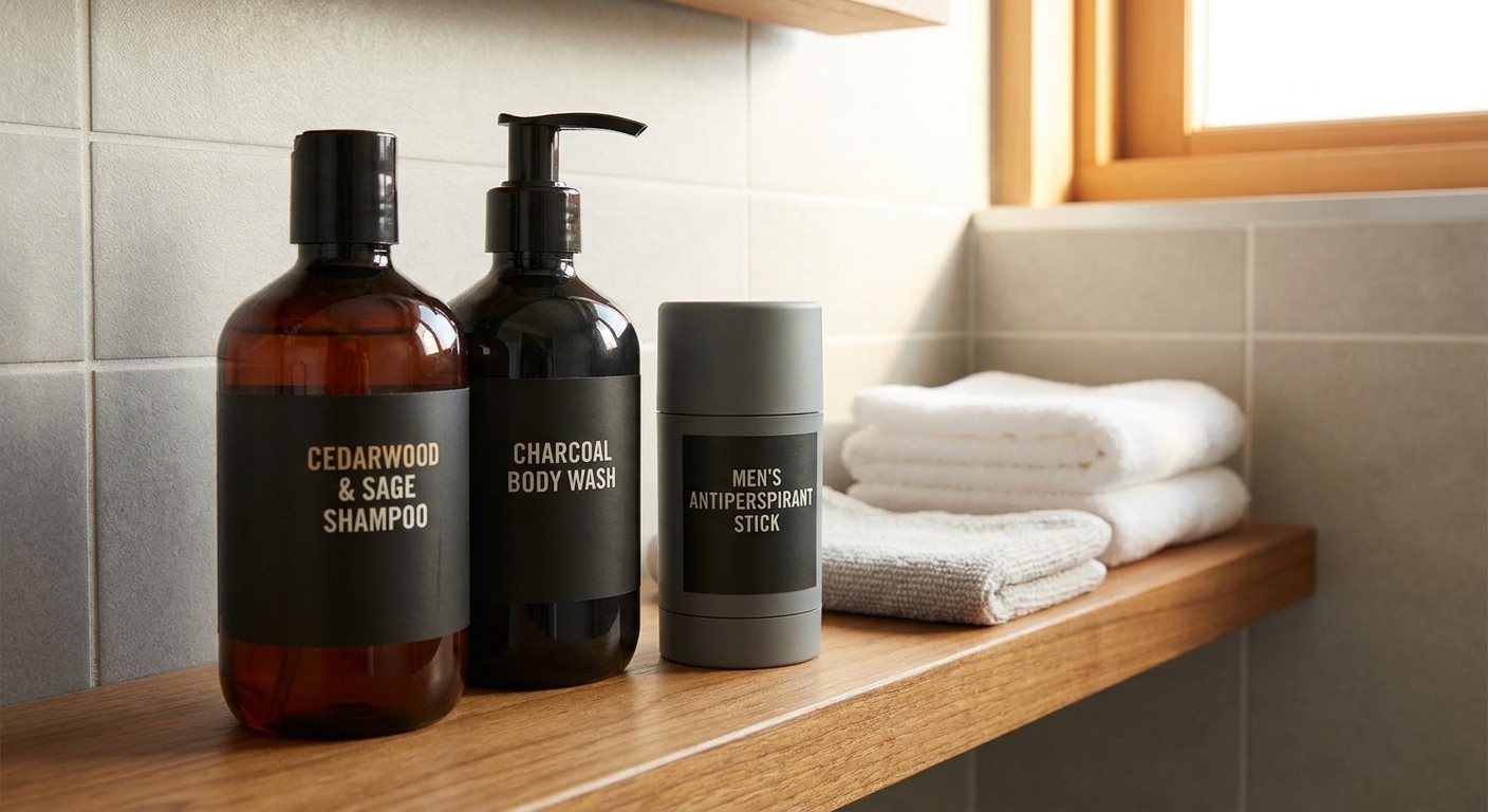 A set of men's shower toiletries including shampoo, body wash, and deodorant arranged neatly on a bathroom shelf