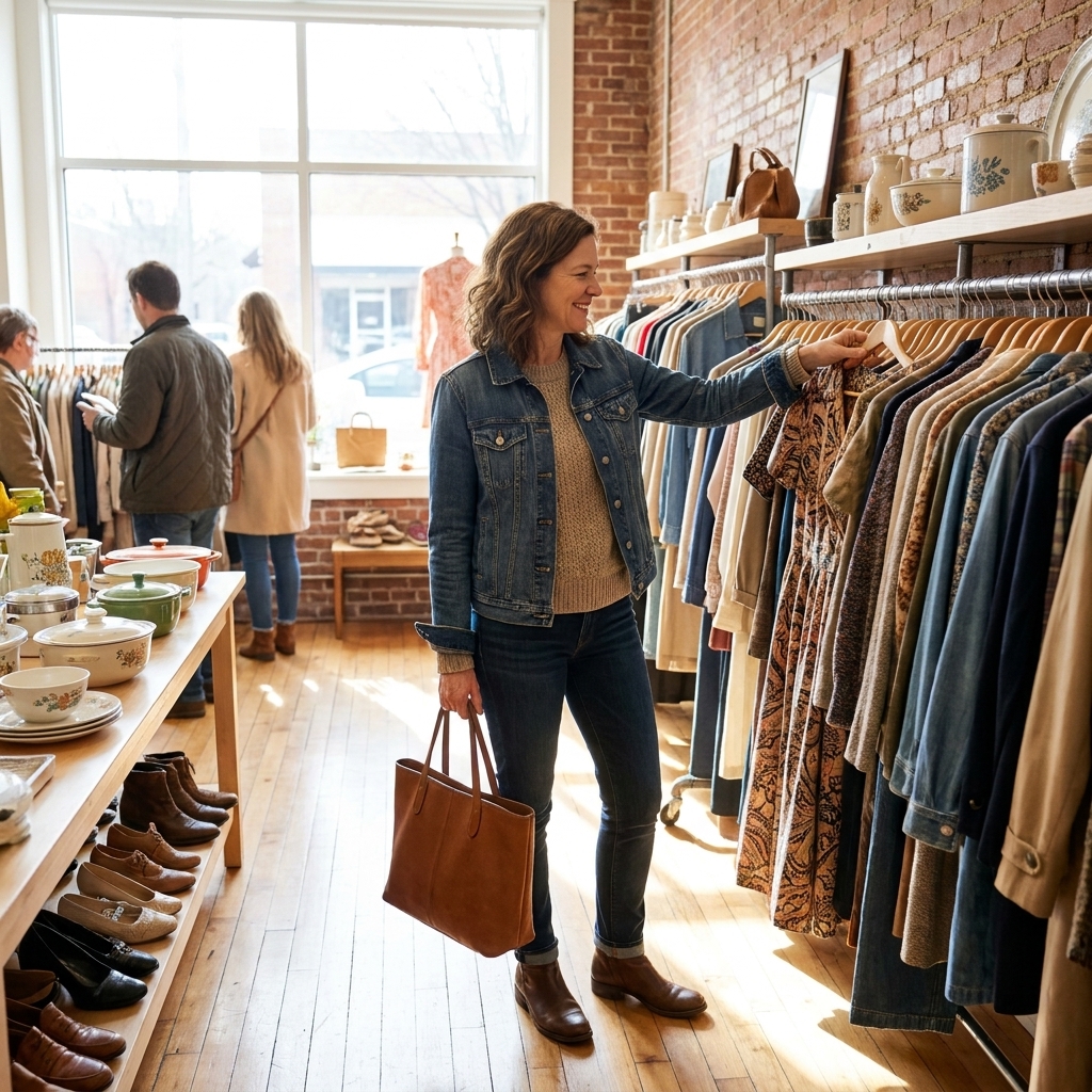 A shopper browsing neatly organized clothing racks in a bright consignment store with natural light