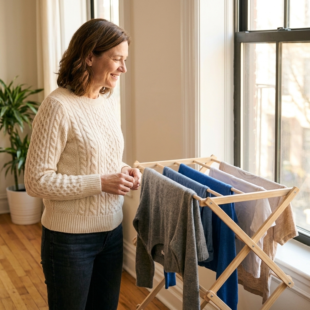 A simple wooden drying rack set up in a bright apartment with a few sweaters and T-shirts laid flat and draped to air-dry