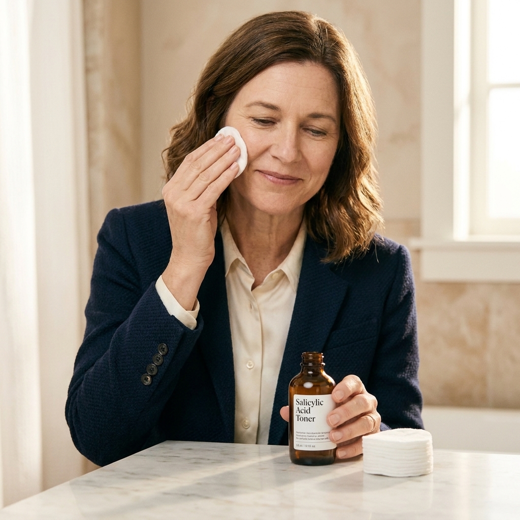 A small amber bottle labeled salicylic acid toner placed beside cotton pads on a clean vanity surface, soft natural lighting