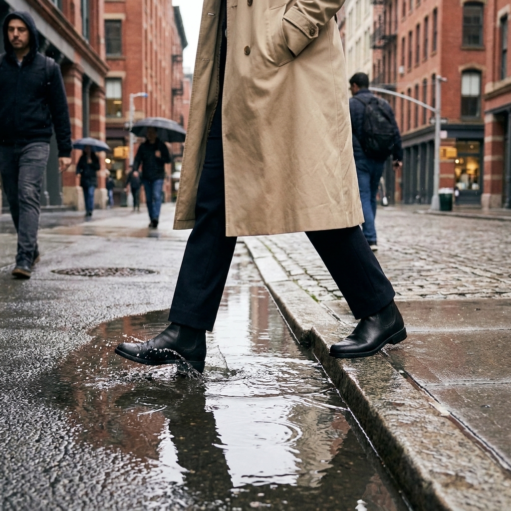A street-style photograph focusing on the lower half of a person wearing a long trench coat and black water-resistant ankle boots stepping around a shallow puddle on a rainy spring day
