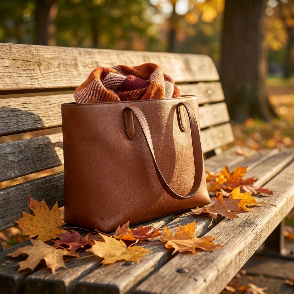 A structured brown leather tote bag resting on a wooden bench with a scarf peeking out, photographed outdoors with autumn leaves nearby