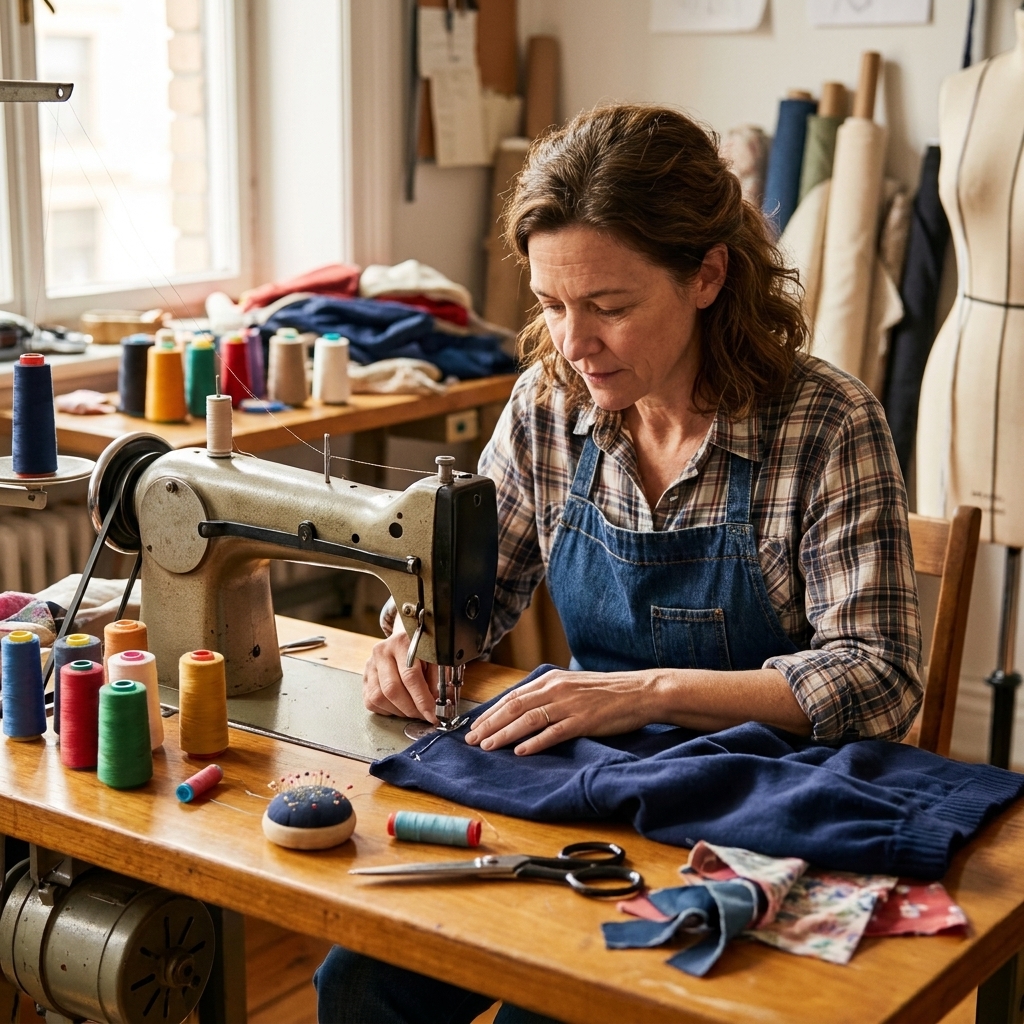 A tailor repairs a garment at a sewing machine with spools of thread and fabric on a worktable
