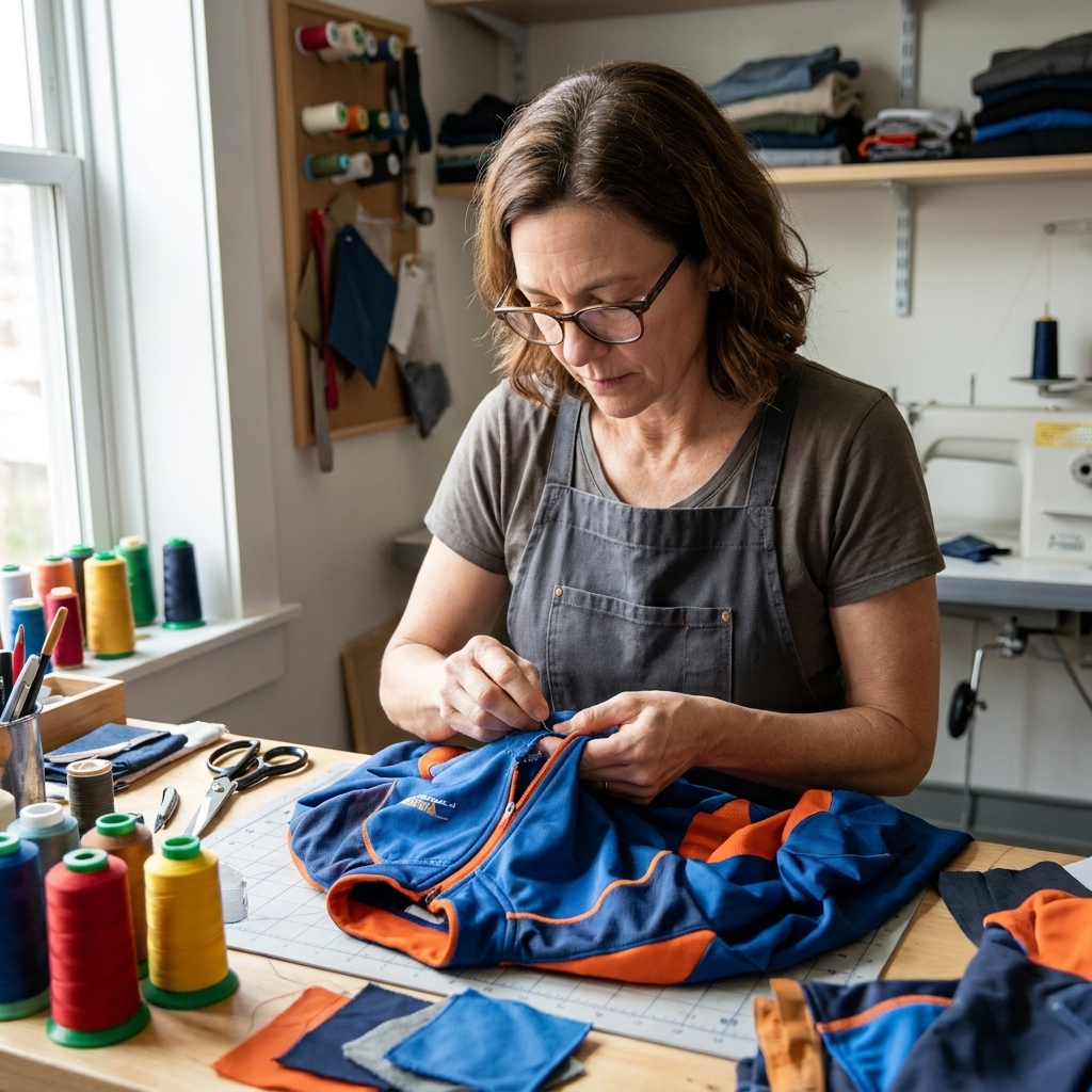 A technician sewing a torn athletic jacket at a repair workstation with spools of thread and fabric patches, realistic photography