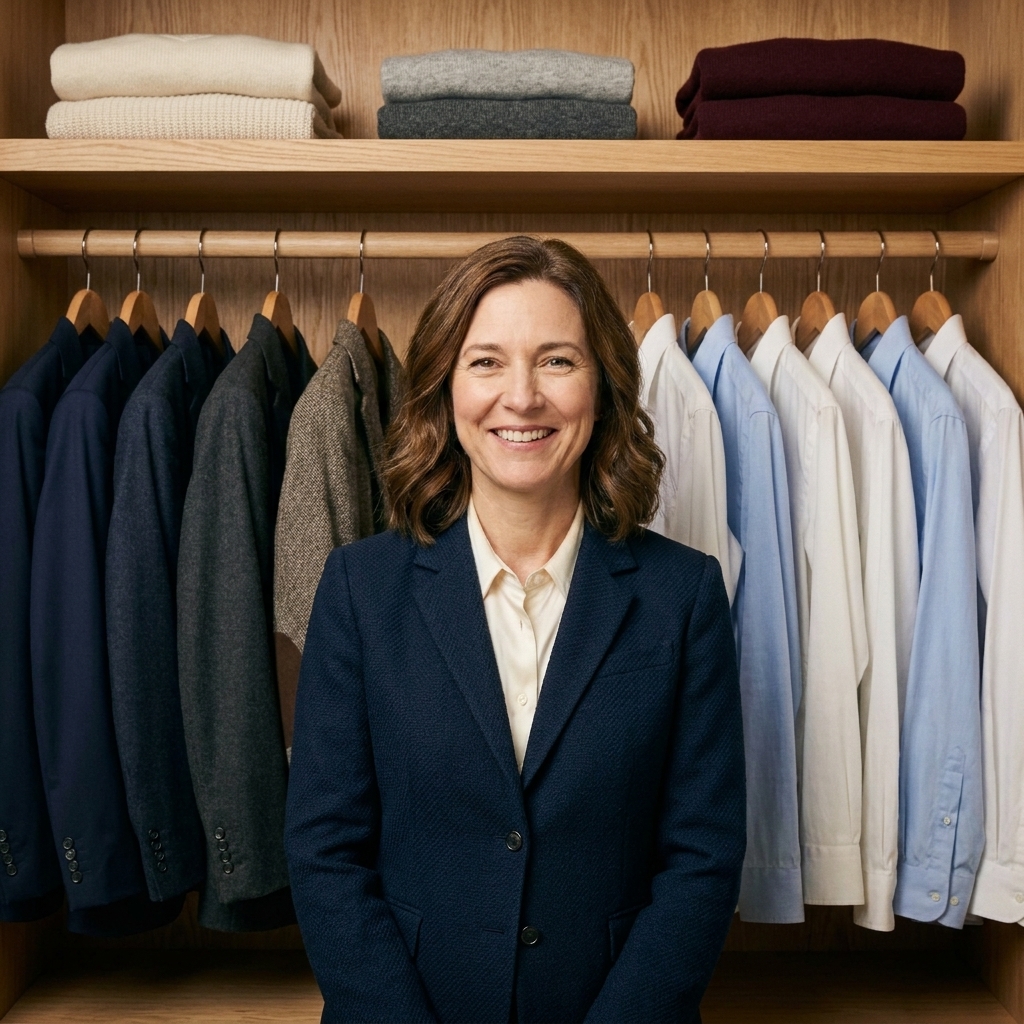 A tidy closet with wooden hangers holding blazers and shirts spaced evenly, with folded sweaters on a shelf above