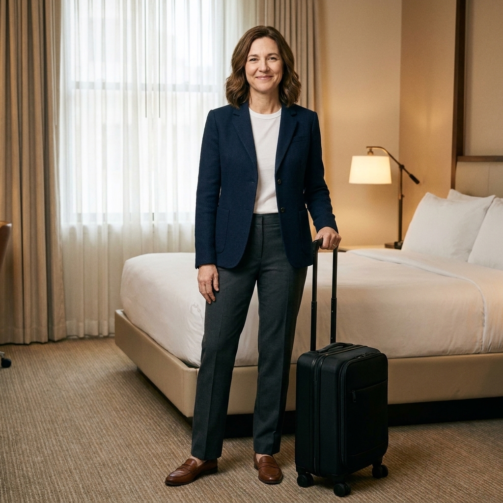 A traveler standing in a hotel room wearing a blazer, white tee, straight-leg trousers, and loafers, with a carry-on suitcase nearby
