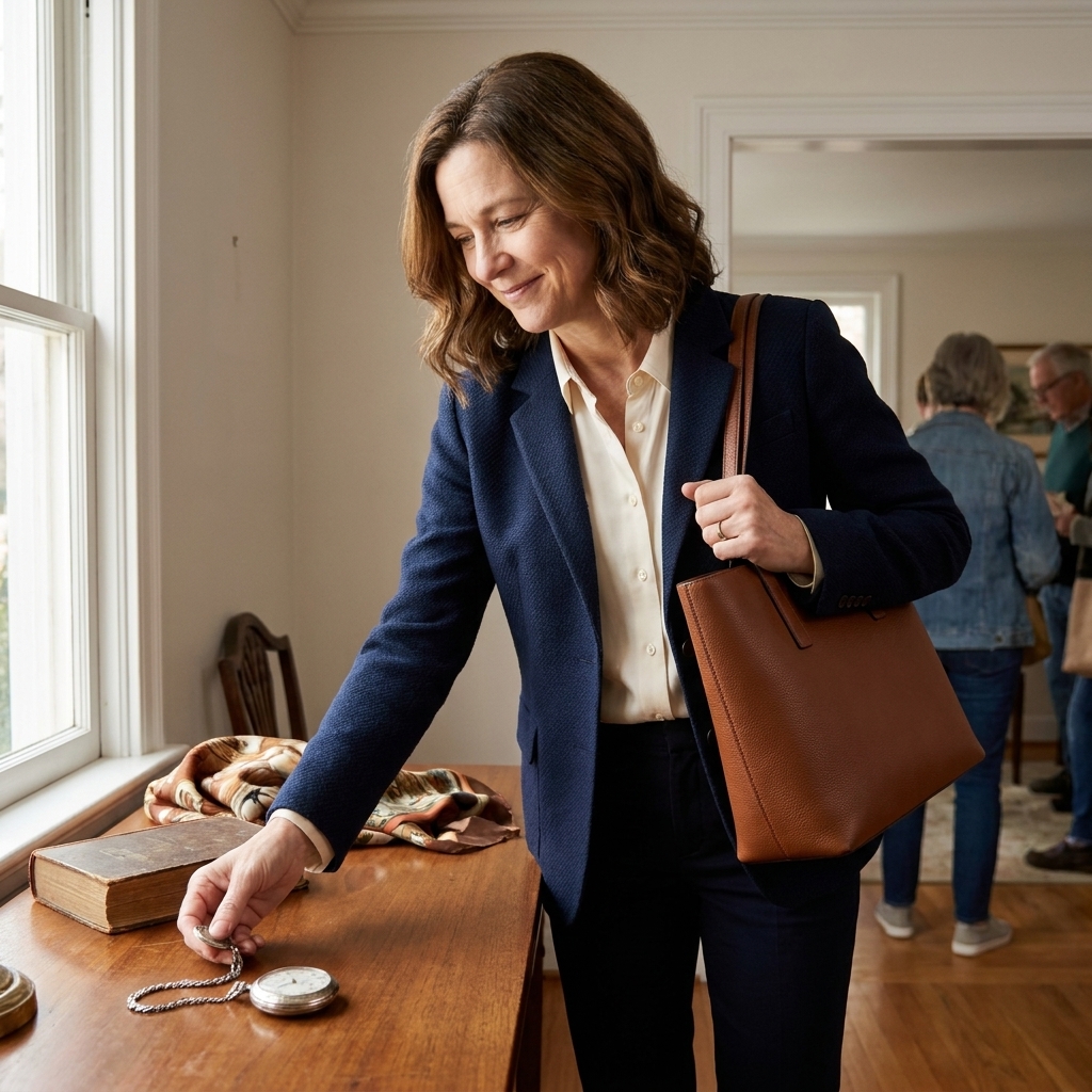 A wooden table at an estate sale with a structured leather tote bag and a few vintage accessories in natural window light