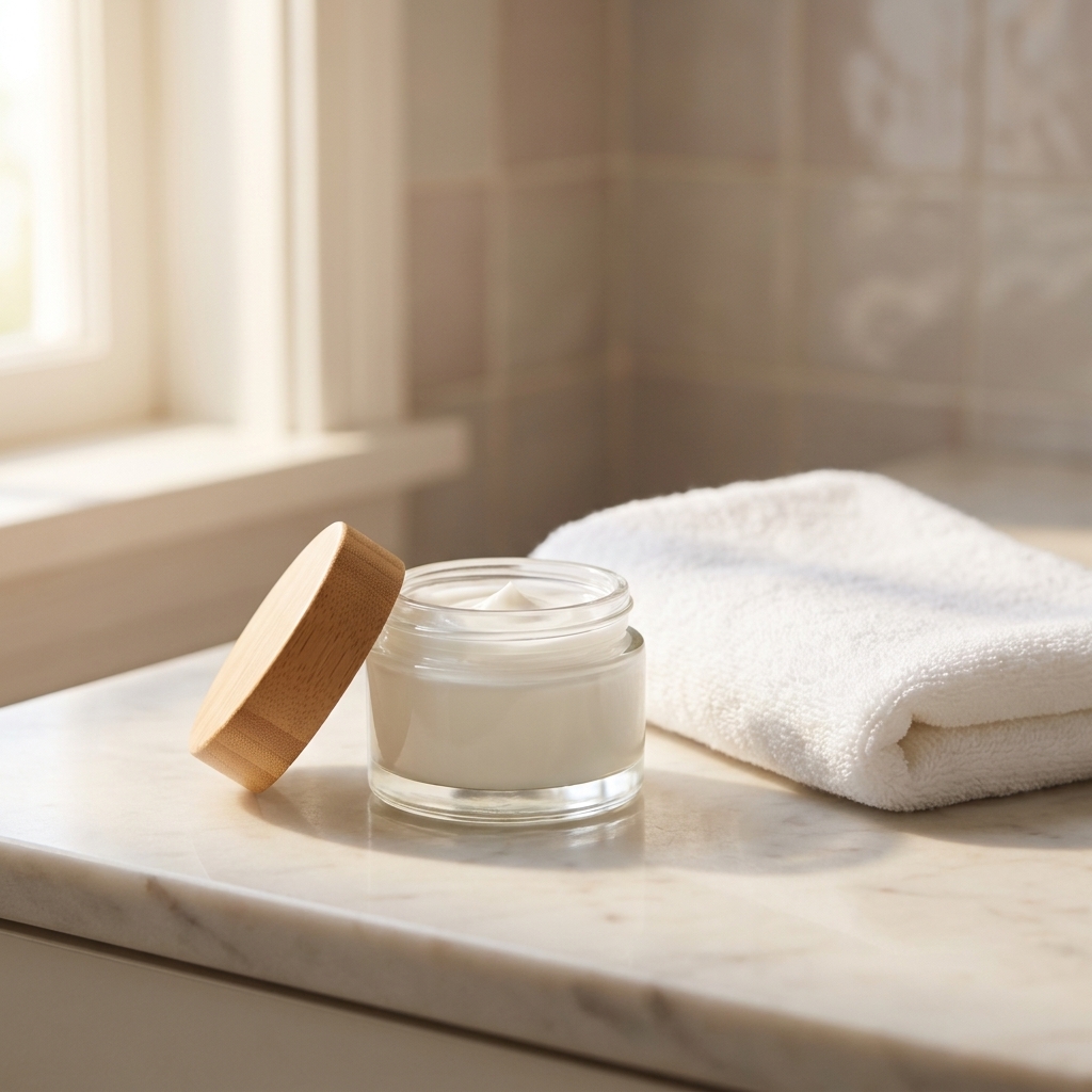 An open jar of face moisturizer on a bathroom counter with soft daylight and a clean towel nearby