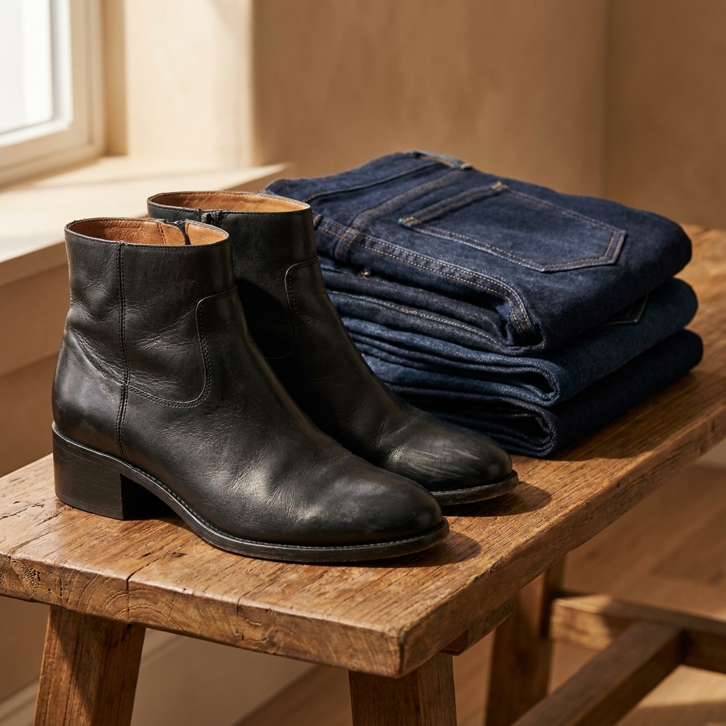 Black leather ankle boots with a low block heel beside folded dark denim on a bench, cozy natural light