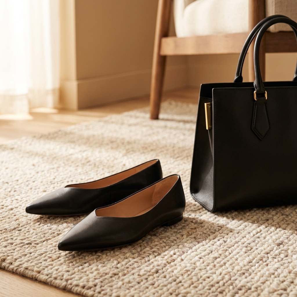 Black pointed-toe flats on a neutral rug next to a structured handbag, soft indoor lighting