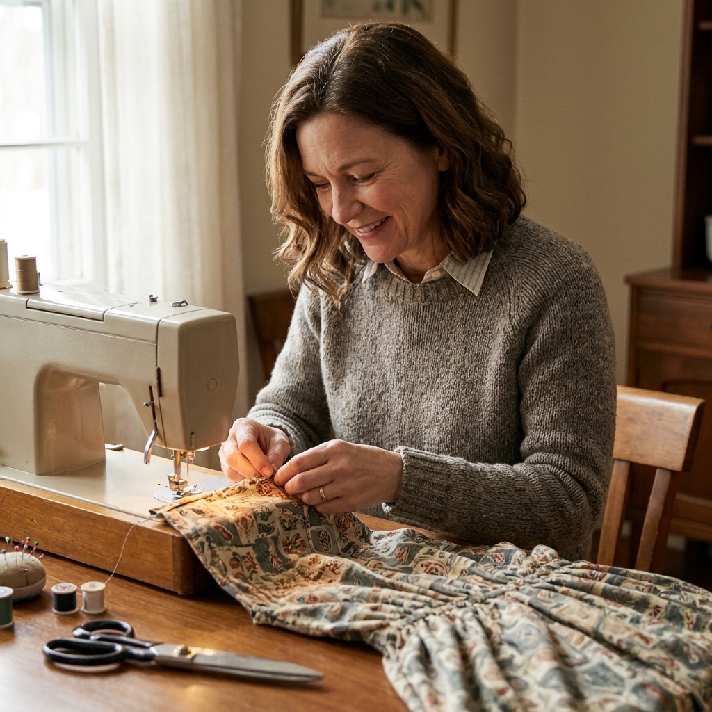 Clara Vance sitting at a sewing machine in a cozy room, adjusting the hem of a thrifted garment with pins and fabric scissors on the table