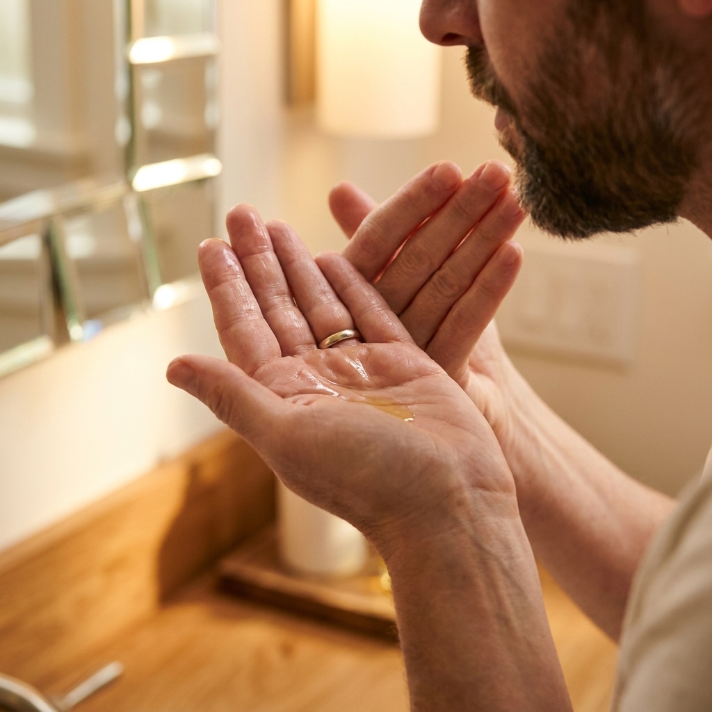 Close-up of hands rubbing a few drops of beard oil between palms before smoothing it into a short beard, warm bathroom lighting