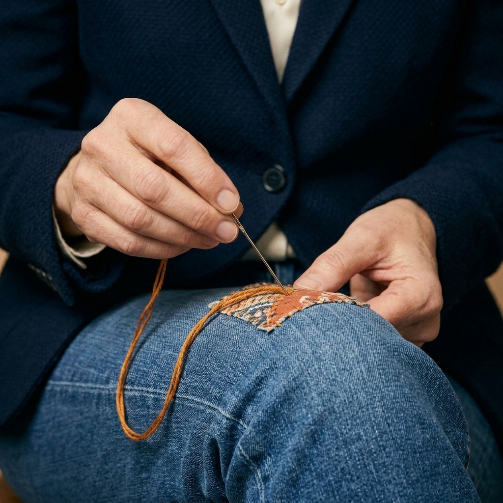 Close-up of hands stitching a small fabric patch onto a pair of denim jeans using contrasting thread, with the jeans resting on a lap