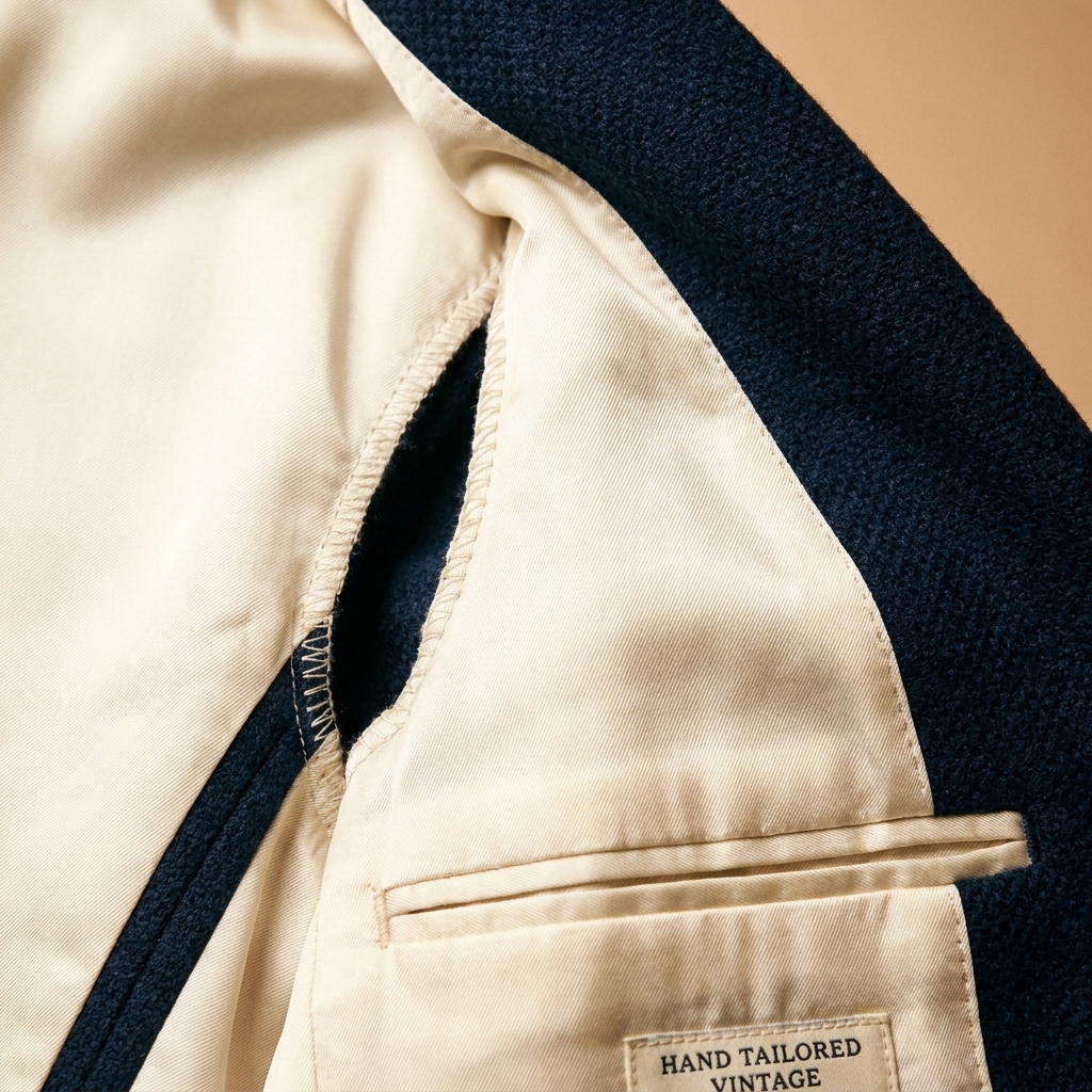 Close-up of the inside of a vintage wool blazer showing clean lining, sturdy seams, and a well-finished hem