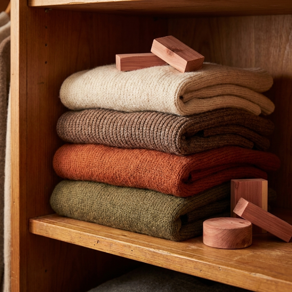 Folded wool sweaters on a closet shelf with cedar blocks nearby, warm indoor lighting