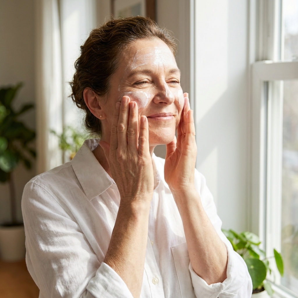 Hands smooth sunscreen onto a clean face in bright morning window light.