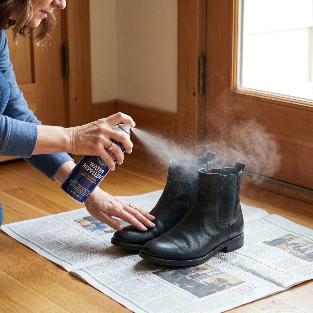 Hands spraying a water repellent onto black leather boots placed on newspaper near a doorway