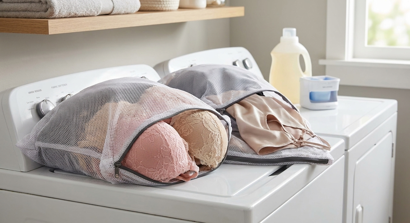 Mesh laundry bags filled with bras and delicate tops on top of a washing machine, close-up in a home laundry room
