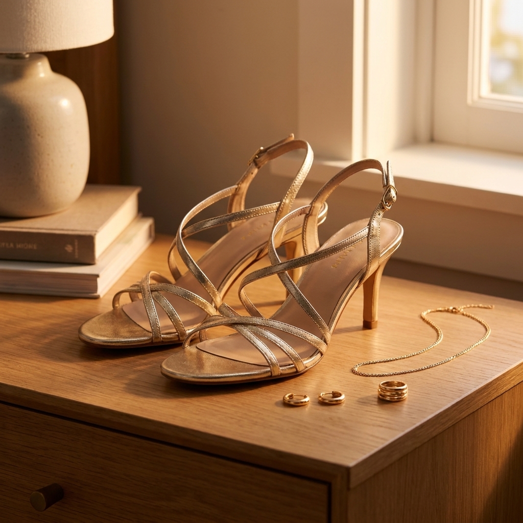 Metallic strappy heeled sandals on a bedside table next to simple gold jewelry, warm evening light