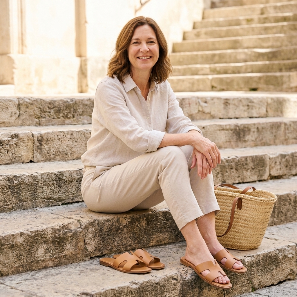Tan leather flat sandals on sunlit stone steps with a straw bag nearby, summer daylight