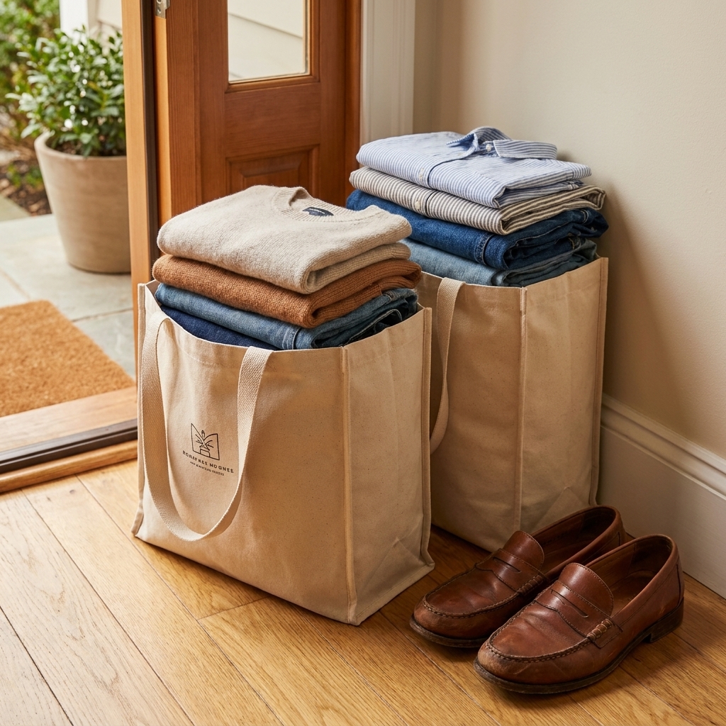 Two reusable tote bags filled with neatly folded clothing next to a pair of shoes by a front door, ready for donation