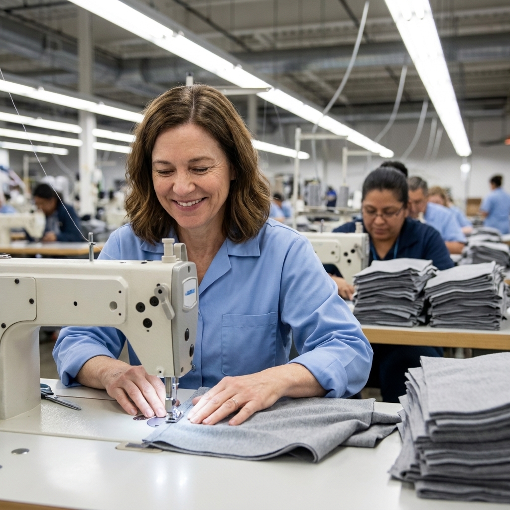 Workers sew garments on a production line with fabric stacks under bright overhead lights
